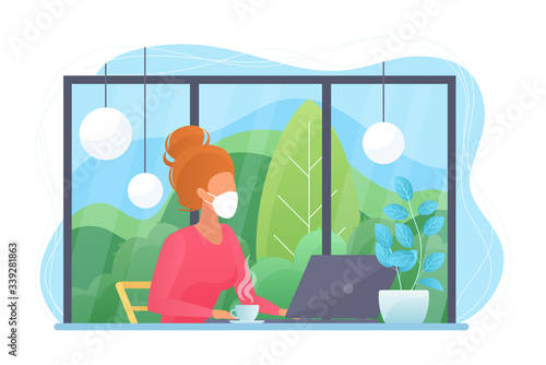 Work at home during COVID-19 quarantine virus to prevent a viral infection. Young pretty woman working with laptop computer at home office. Social distance concept flat vector illustration