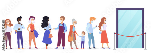 Old young people in medical face masks keep social distance in shop queue line, prevent stop corona virus spread flat cartoon vector illustration. Lack of products goods scarcity store work limitation