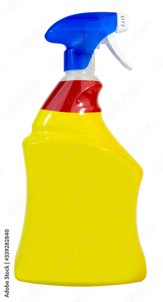 Yellow disinfectant bottle with red neck and blue top pump sprayer. Isolated. Yellow disinfectant bottle with red neck and blue top pump sprayer. Isolated.