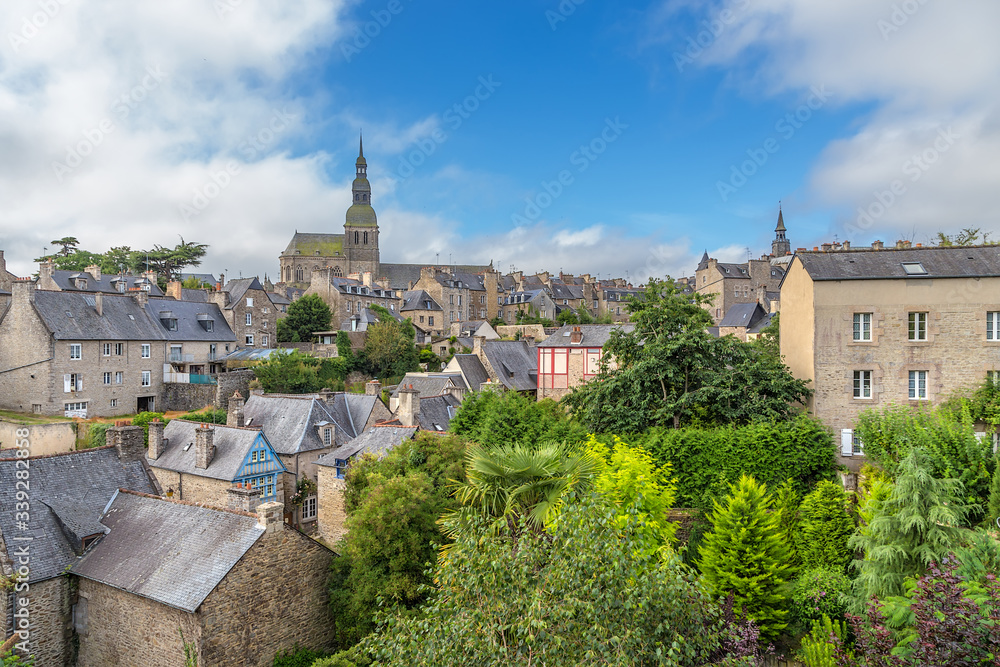 Dinan, France. Scenic view of the old town and the medieval basilica of Saint-Sauveur