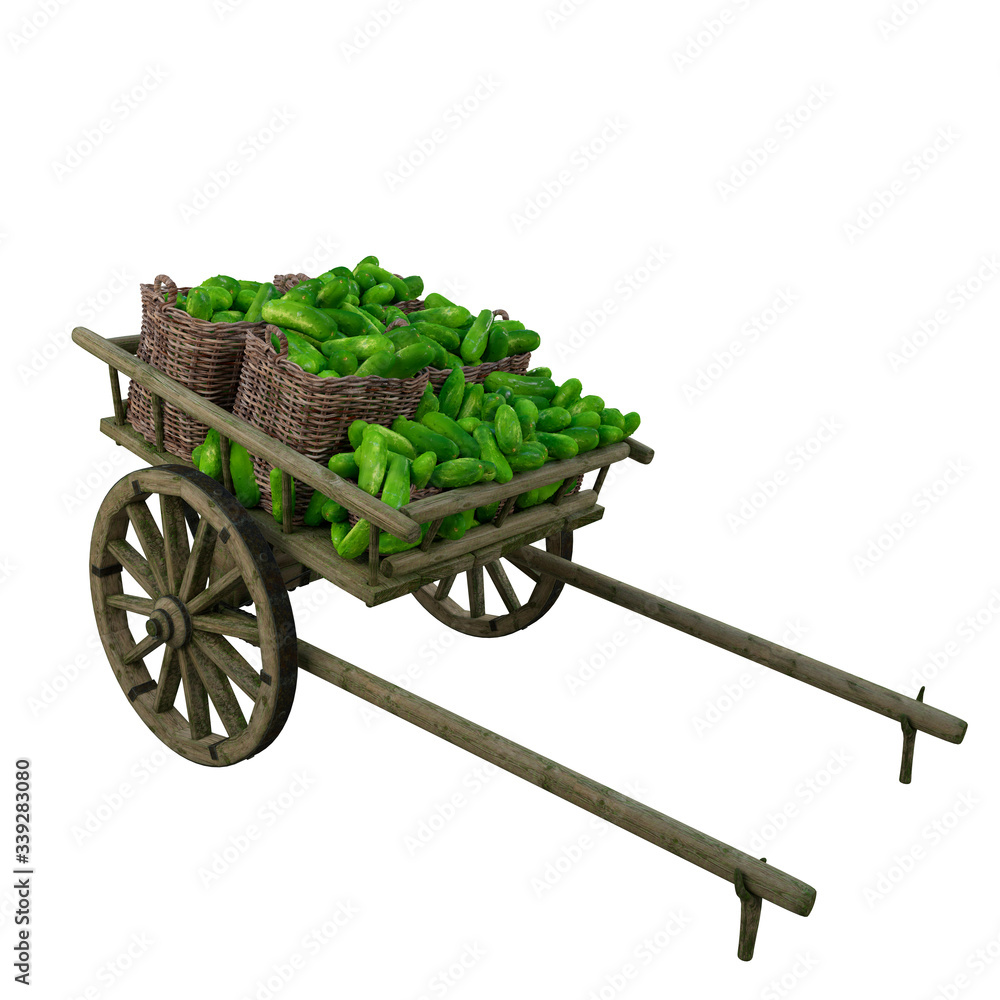 Harvest of bananas collected in a wooden cart