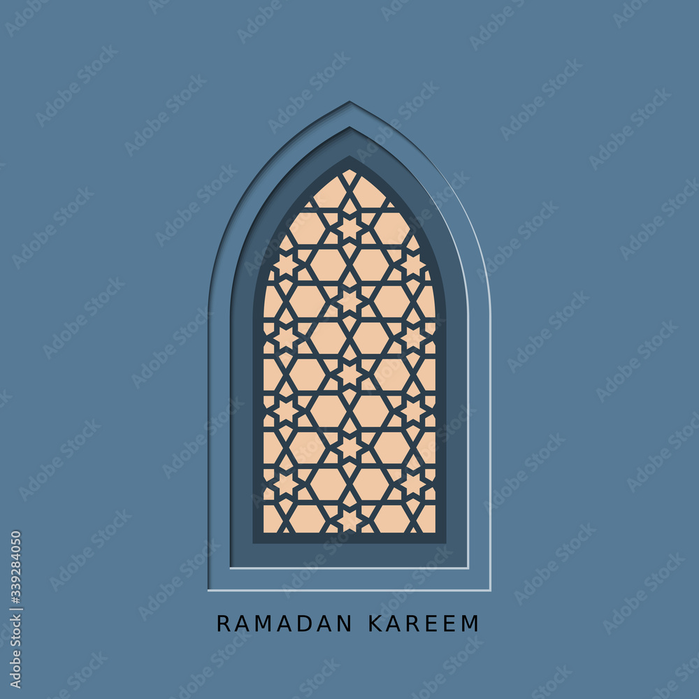 Ramadan kareem,generous Ramadan, card with islamic night window. Vector papercut geometric template of card for ramazan greeting.