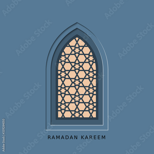 Ramadan kareem,generous Ramadan, card with islamic night window. Vector papercut geometric template of card for ramazan greeting.