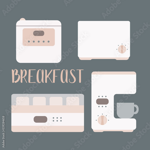 Set of kitchen appliances for making breakfast. Kitchen domestic electrical equipment. Flat vector illustrations. Isolated cooking icons.