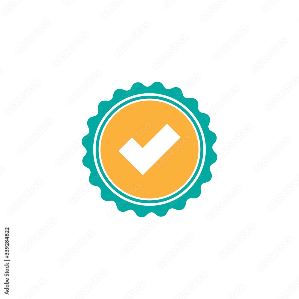 Valid Seal icon. Blue and orange circle with ribbon outline and white tick. Flat OK sticker icon. Isolated on Valid Seal icon. Blue and orange circle with ribbon outline and white tick. Flat OK sticker icon. Isolated on