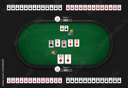 Poker table. Online poker room. Full deck of playing cards. Texas Hold'em game illustration. Online game concept. Vector illustration.