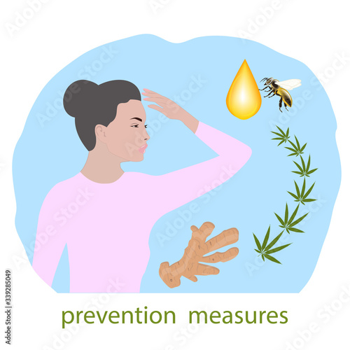 Drop of honey, ginger root, cannabis leaf, woman - isolated on white background - vector. Health care. Preventive measures. Product for the immune system.