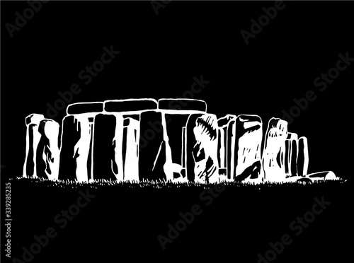 Graphical stonehenge isolated on black background, vector sketchy illustration,England