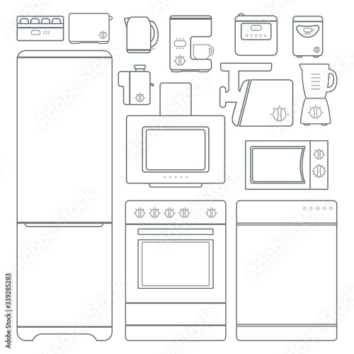 Set of kitchen appliances. Kitchen domestic electrical equipment. Flat vector illustrations. Isolated cooking icons.