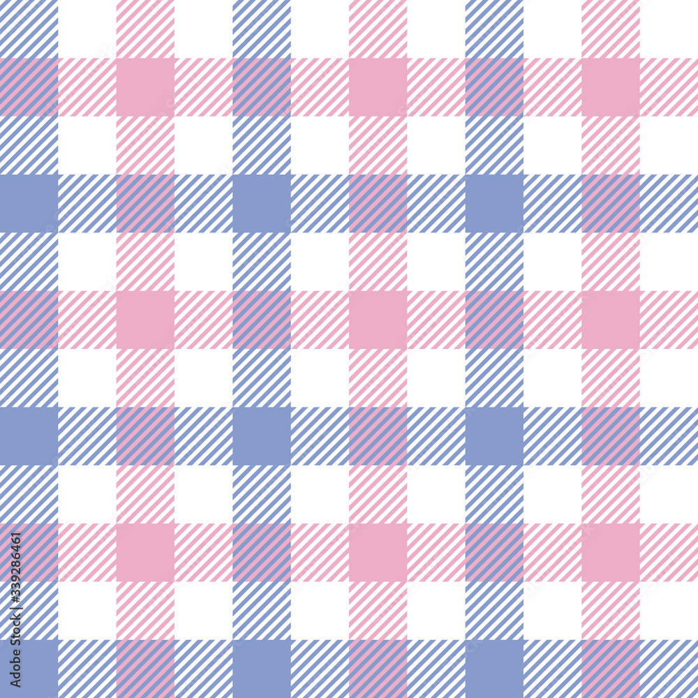 Gingham pattern seamless vector graphic. Blue, pink, and white vichy check plaid for tablecloth, oilcloth, packaging paper, or other modern spring and summer textile print.