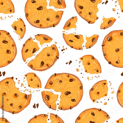 Seamless pattern with homemade choco chip cookies with chocolate crisps isolated on white background. Vector pattern in cartoon flat style.