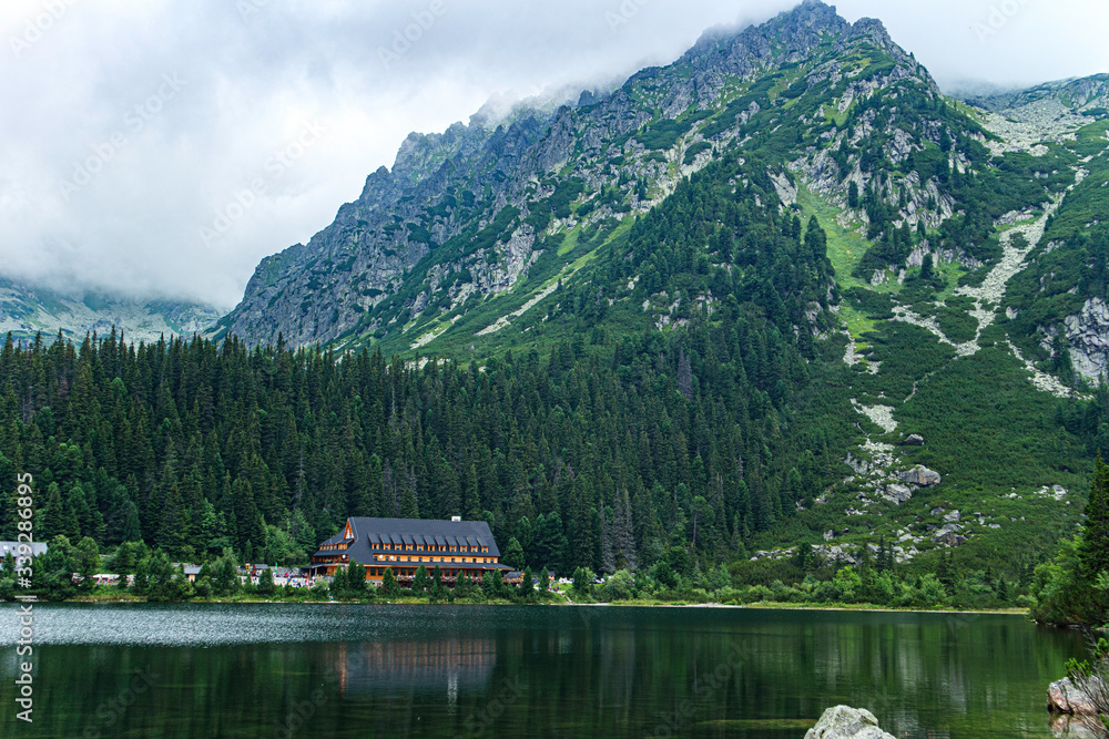 Fototapeta premium Popradske Pleso, mountain lake in High Tatras, mountain range, Slovakia.
