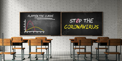 empty classroom with message FLATTEN THE CURVE, STOP THE CORONAVIRUS on a blackboard photo