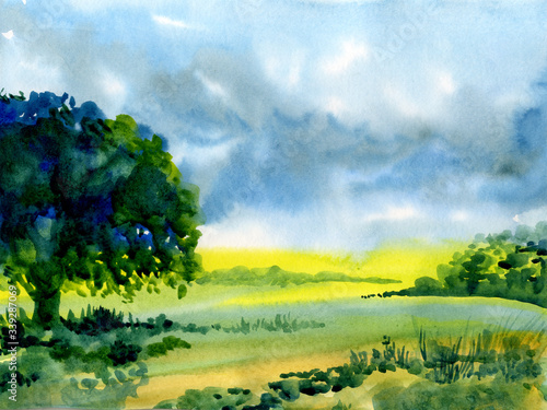 Landscape with a lonely tree, watercolor painting.