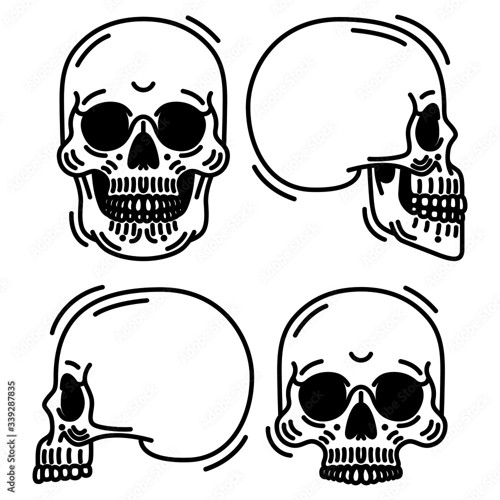 Vector set of skull line icons/ Linear style skull icons/ Front and side view thin line skull icons Vector set of skull line icons/ Linear style skull icons/ Front and side view thin line skull icons