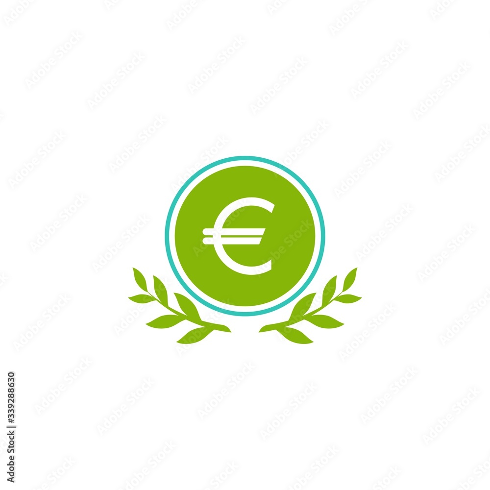 Valid seal with euro sign and green leaves. Income growth flat icon. Isolated on white. Valid seal with euro sign and green leaves. Income growth flat icon. Isolated on white.