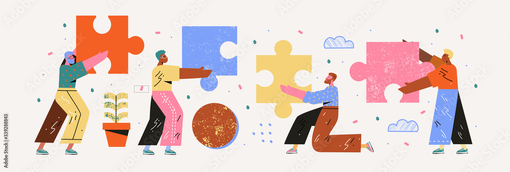 Teamwork. Modern vector illustration of people assembling a puzzle ...