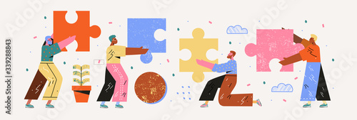 Teamwork. Modern vector illustration of people assembling a puzzle. Drawing business, marketing, finance and cooperation for website, poster, web page or booklet
