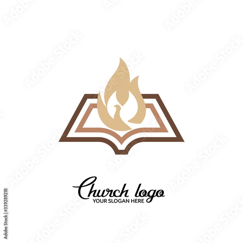 Church logo. Christian symbols. The Bible and the dove are the Holy Spirit.