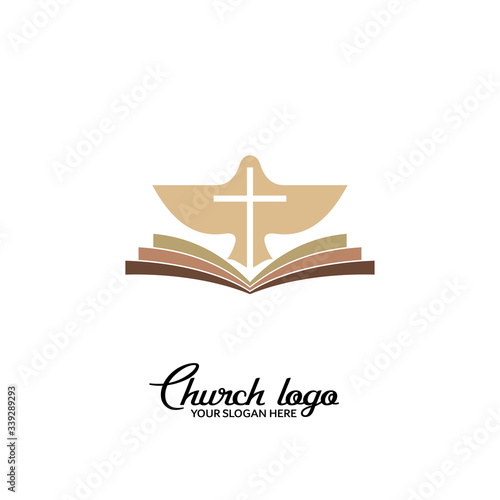 Church logo. Christian symbols. The Bible, the cross of the Lord, and the dove are the Holy Spirit.