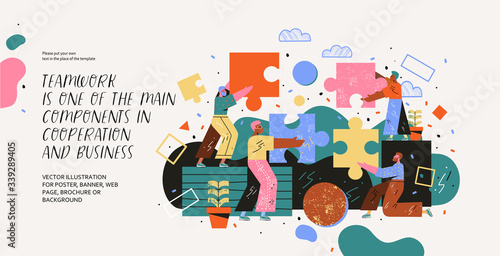 Teamwork. Modern vector illustration of people assembling a puzzle. Drawing business, marketing, finance and cooperation for website, poster, web page or booklet
