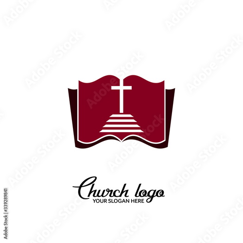 Church logo. Christian symbols. Steps leading to the crucifix on the background of an open bible.