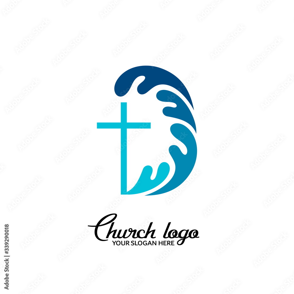 Obraz premium Church logo. Christian symbols. The cross of Jesus and the waves of living water.
