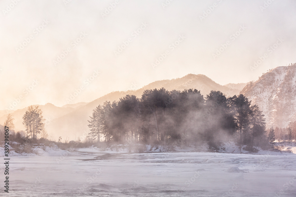 Morning fog over the water, Katun river, Altai, Russia Morning fog over the water, Katun river, Altai, Russia