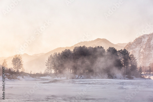 Morning fog over the water, Katun river, Altai, Russia