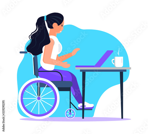 Disabled employee concept vector. Woman in a wheelchair working at a computer, online home work. Freelance for invalid to help in socialization. Social workers, rehabilitation