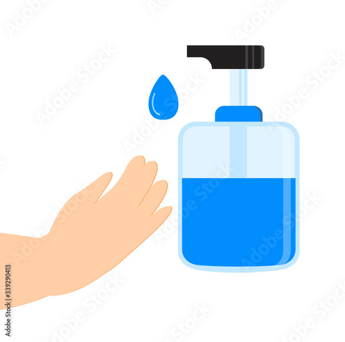 Hand sanitizer application vector. Personal hygiene dispenser, infection control symbol. Antivirus protection illustration. Gel is dropping