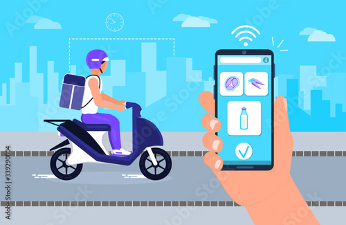 Food delivery concept vector. Screen of smartphone with tracking app. Delivery man is driving motorbike with a fresh meal and vegetables, milk, meat. Supermarket food order online