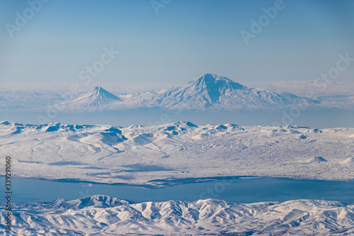 Winter landscape with Ararat mountains and Sevan lake © Selim