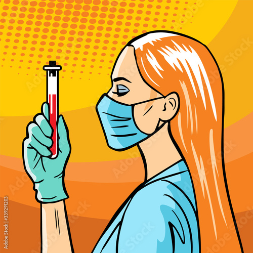 A female doctor is holding a test tube with a vaccine, blood, medicine. Laboratory analysis for a virus, bacterial disease. Comic style illustration.