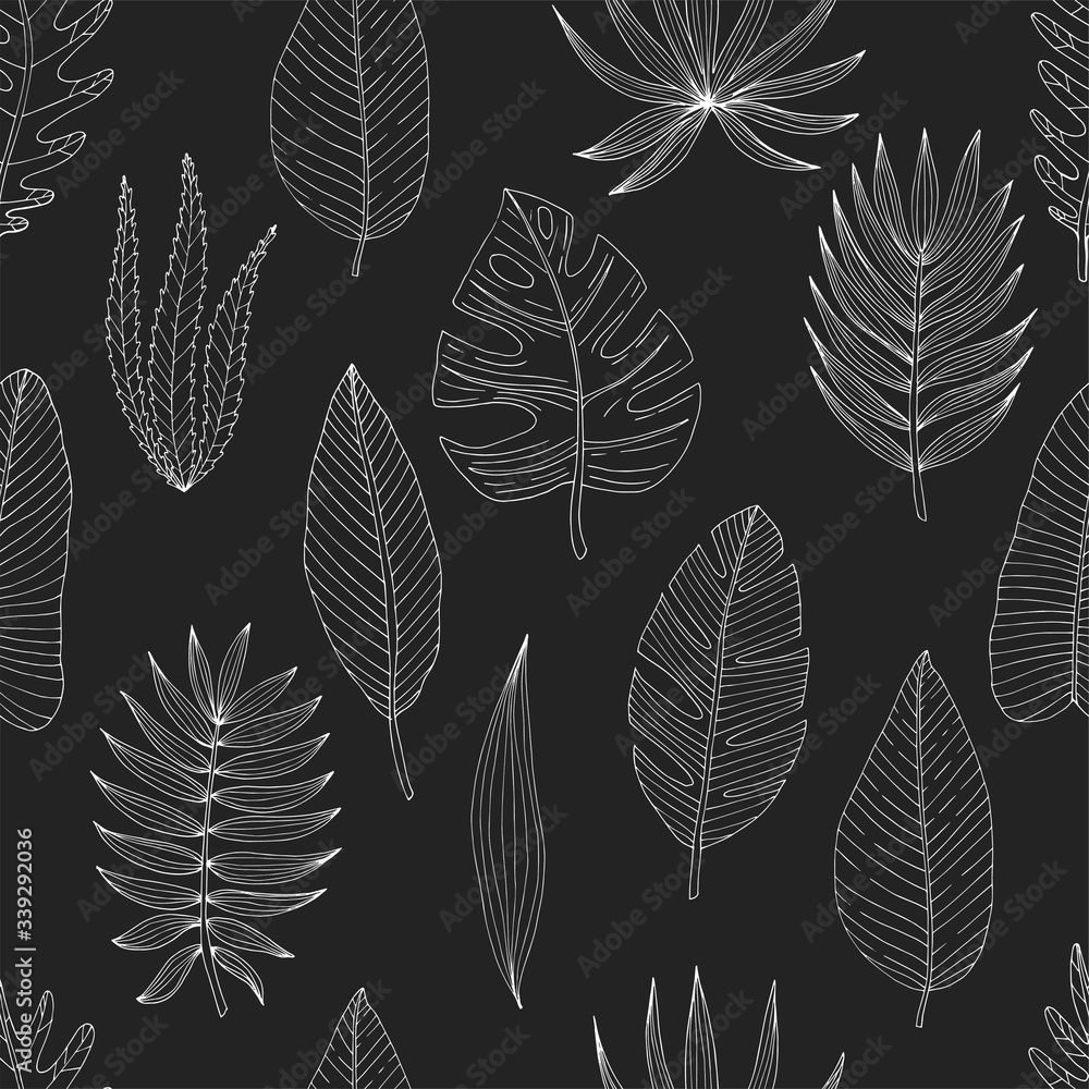 Fototapeta premium Seamless pattern from a set of tropical or forest leaves of white skeich on a black background, oval or ovoid type with slices