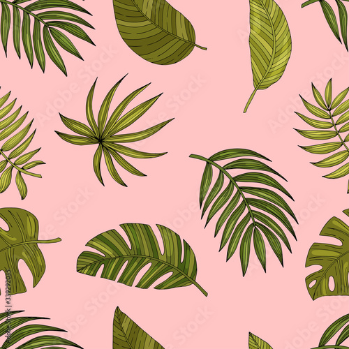 Seamless pattern from a set of tropical or forest leaves with many shades of green on a pink background, oval or ovoid type with slices
