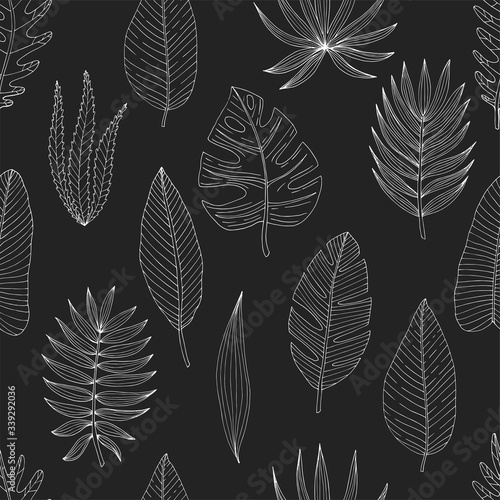 Seamless pattern from a set of tropical or forest leaves of white skeich on a black background, oval or ovoid type with slices