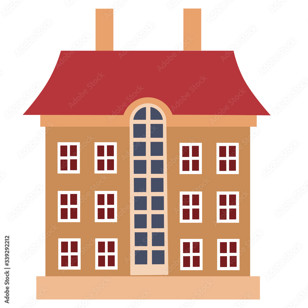 large three-story city house with a red roof and two chimneys on a white background, vector illusion,