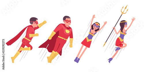 Male, female super hero wearing costume, flying up to attack or protect. Effective man, woman warrior with superpower combat, battle skills, heroic brave people. Vector flat style cartoon illustration