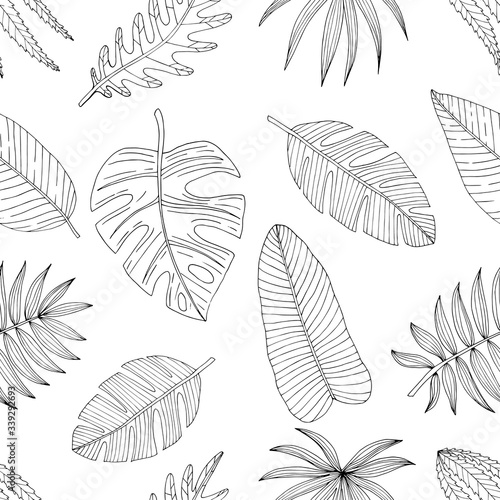Seamless pattern from a set of tropical or forest leaves of black skeich on a white background, oval or ovoid type with slices
