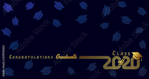 Class off 2020, congratulation graduate, gold lines design. Vector graduation illustration 2020 in golden academic cap on dark blue background with flying hats