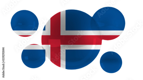 Iceland flag on bubbles and white background. 3D illustration