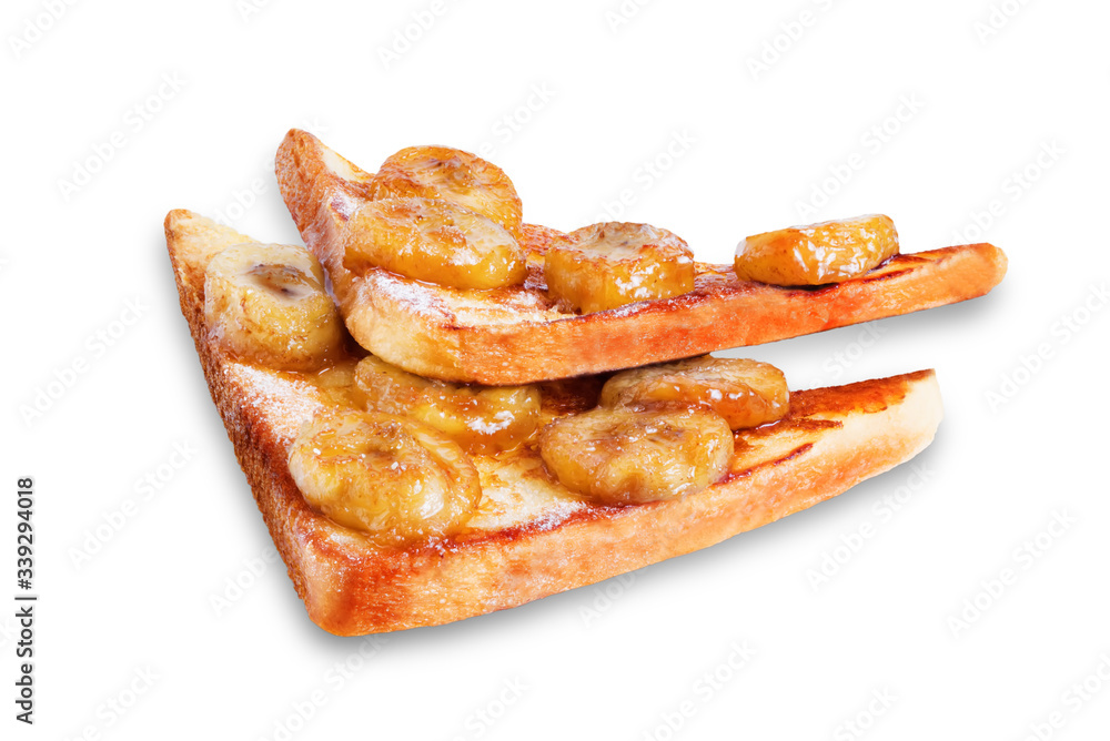 Caramelized banana sweet French Toasts on a white isolated background Caramelized banana sweet French Toasts on a white isolated background