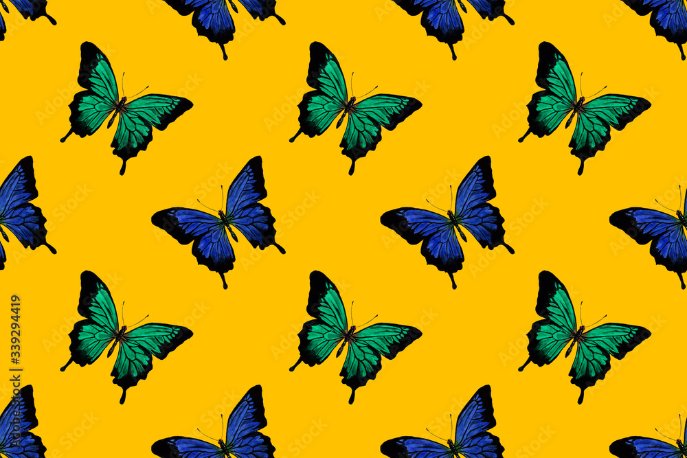seamless pattern of blue and green butterflies drawn in watercolor on a colored background seamless pattern of blue and green butterflies drawn in watercolor on a colored background