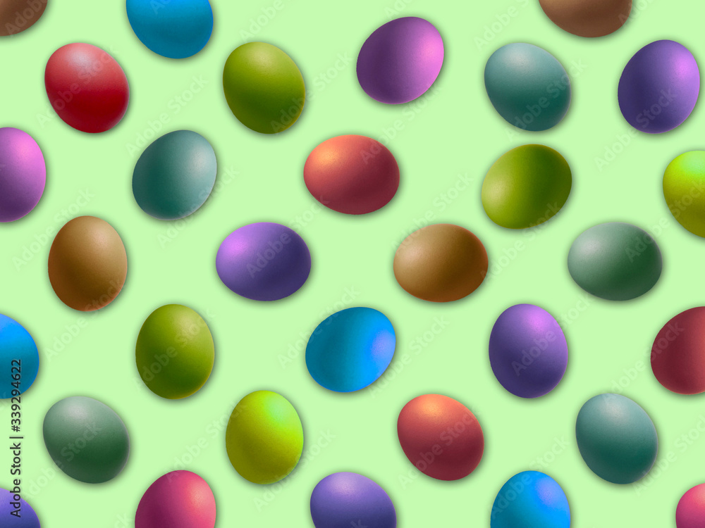 Sfondo creativo di Pasqua. Modello con uova colorate su sfondo color menta. Concetto di pasqua. Vista dall'alto.