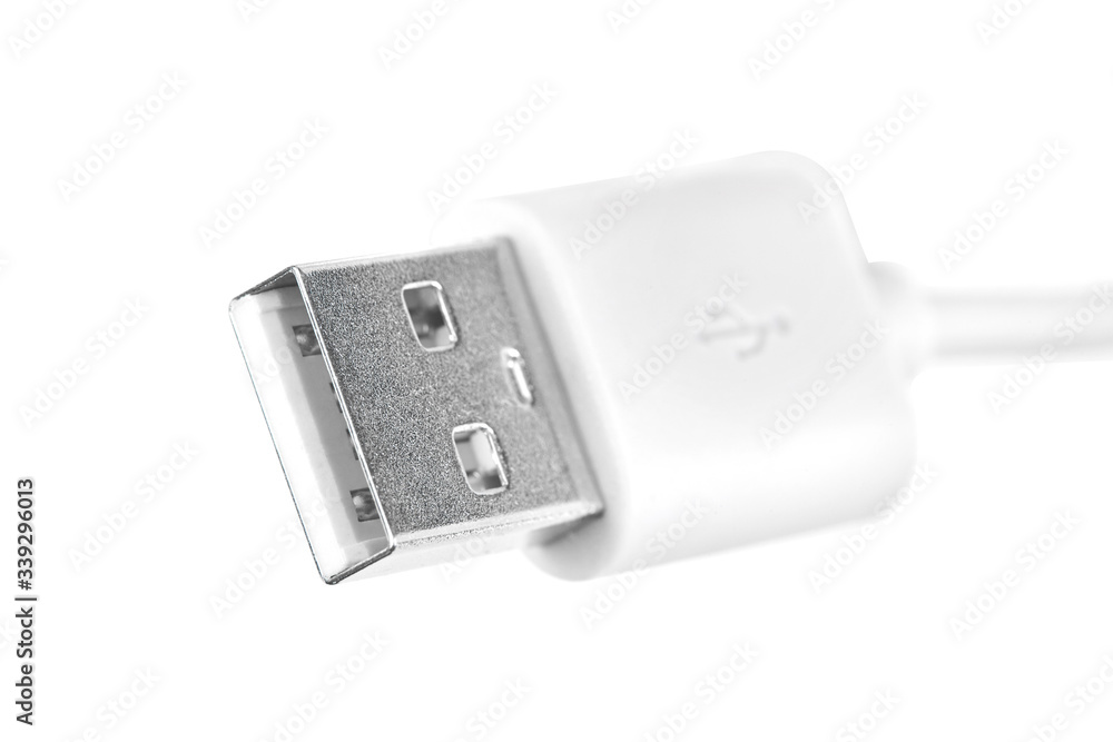 Close up white USB cable plug isolated on white background Close up white USB cable plug isolated on white background