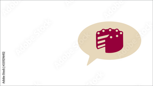 Cake icon in chat bubble: Talking or dreaming of eating a cake during a special diet on isolated white with copy space