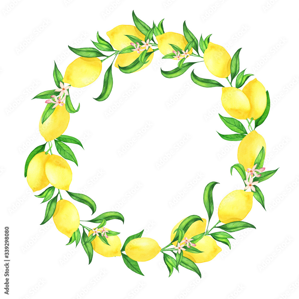 Wreath with watercolor hand-drawn fresh lemons