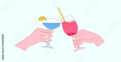 Concept with line style glass and sparkling cocktails inside. Vector illustration. Cocktail party invitation template concept, hands of friends with alcohol drinks makes a toast vector illustration