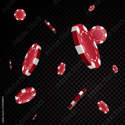 Casino poker chips falling isolated on black transparency background